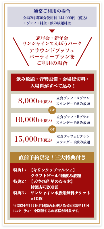 通常ご利用の場合 会場2時間使用料 144,000円（税込）＋ブッフェ料金・飲み放題料金 → 忘年会・新年会 サンシャインてんぼうパーク アラウンドビューブッフェパーティープランをご利用の場合 飲み放題・音響設備・会場貸切料・入場料がすべて込み！8,000円（税込）立食ブッフェAプラン スタンダード飲み放題 or 10,000円（税込）立食ブッフェBプラン スタンダード飲み放題 or 15,000円（税込）立食ブッフェCプラン スタンダード飲み放題 先行予約特典 ・サンシャイン水族館 無料ご招待券×10枚 ・通常アップグレード以上にしか含まれない生ビール飲み放題付 ※2024年10月31日までにお申し込みのお客様が対象です。